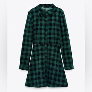 Zara Corduroy Green and Black Plaid Shirt Dress